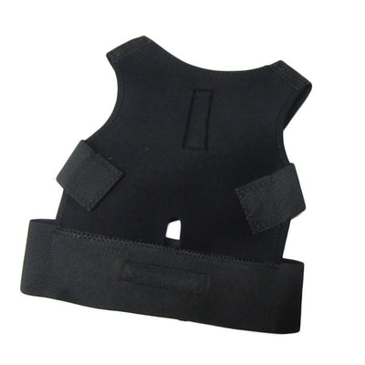 Black fabric posture corrector with shoulder straps and a wide elastic waist band, designed for back support.