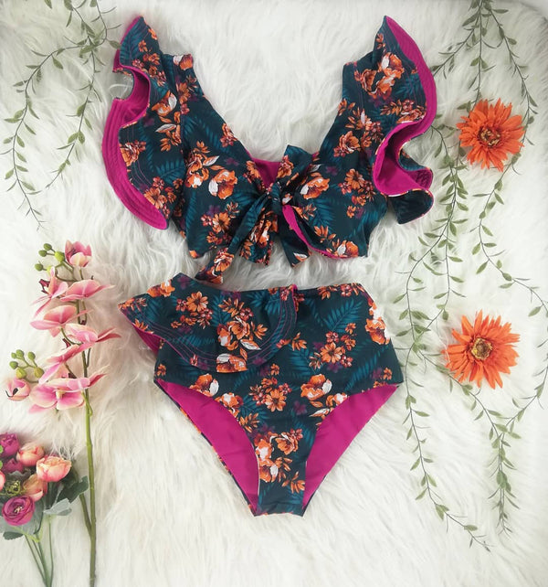 Bikini con Escote Profundo y Mangas Fruncidas