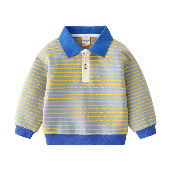 Sudadera Infantil Rayas Cuello Solapa Azul Marino - Pullover Casual con Botones