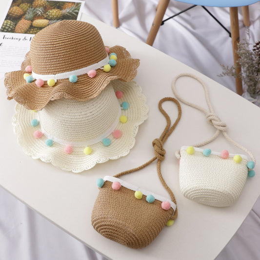 Conjunto de Bolsa y Sombrero de Paja Infantil de Color Sólido