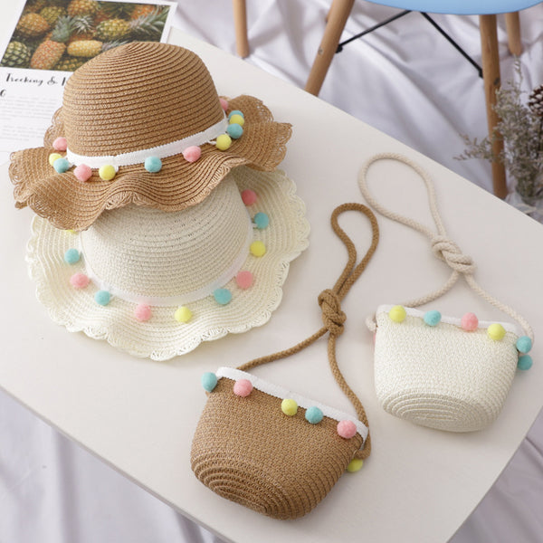 Conjunto de Bolsa y Sombrero de Paja Infantil de Color Sólido
