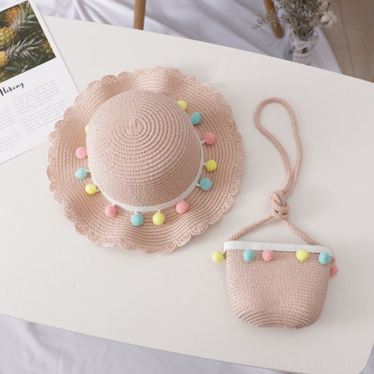 Conjunto de Bolsa y Sombrero de Paja Infantil de Color Sólido - Image 4