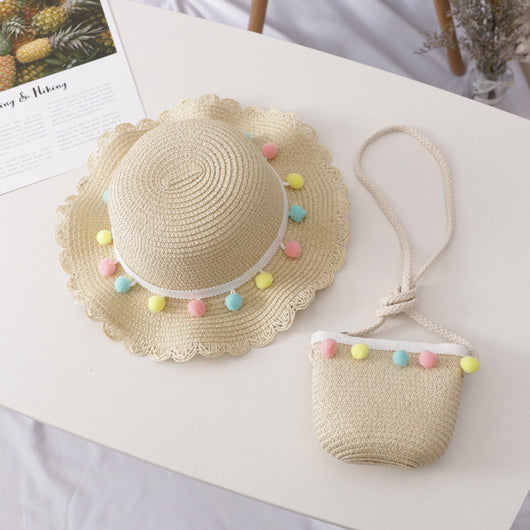 Conjunto de Bolsa y Sombrero de Paja Infantil de Color Sólido - Image 3