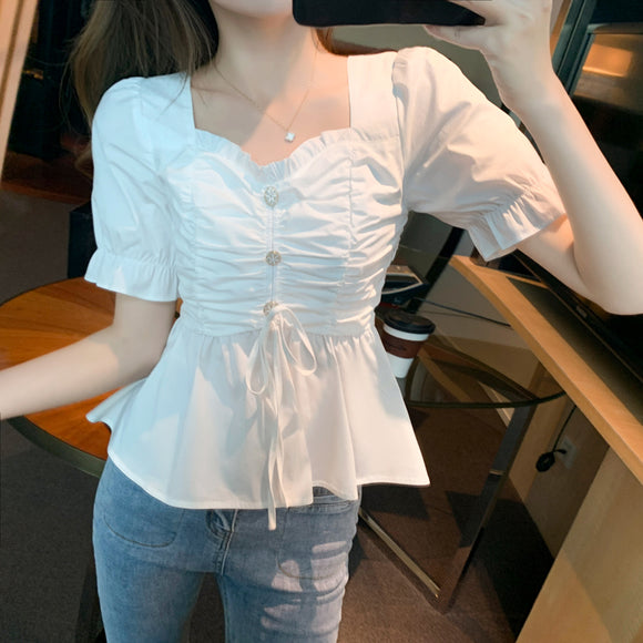Blusa Corta Ajustada Estilo Coreano con Cierre en Cintura