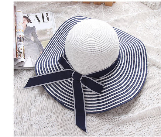 Sombrero Hepburn de Ala Ancha con Moño - Gorro de Playa Rayas Blanco y Negro - Image 10