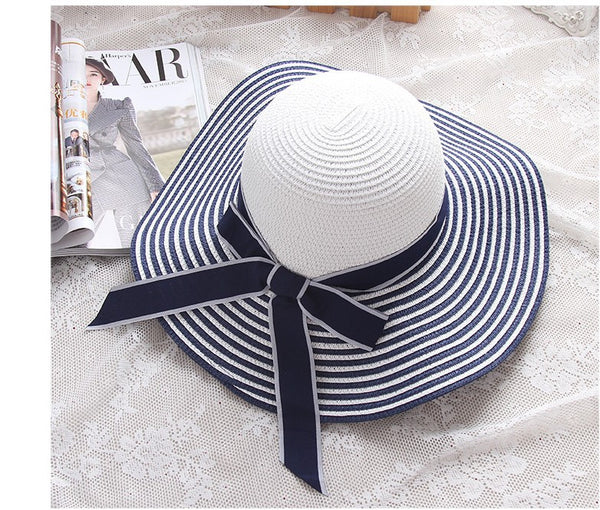 Sombrero Hepburn de Ala Ancha con Moño - Gorro de Playa Rayas Blanco y Negro
