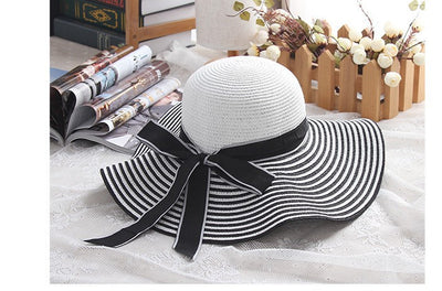Sombrero Hepburn de Ala Ancha con Moño - Gorro de Playa Rayas Blanco y Negro - Image 2