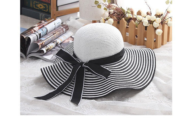 Sombrero Hepburn de Ala Ancha con Moño - Gorro de Playa Rayas Blanco y Negro