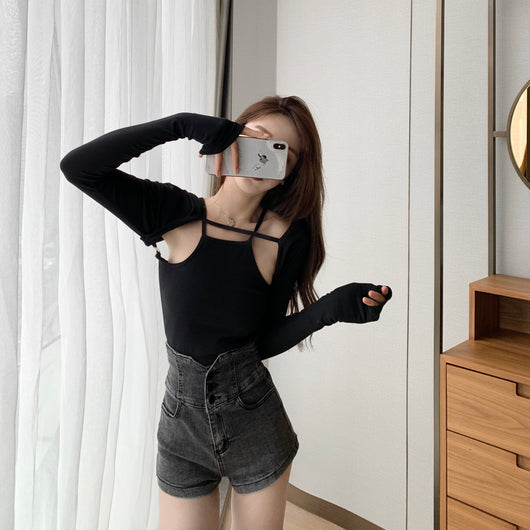 Short Denim Cintura Alta Estilo Coreano Gris Elegante - Image 9