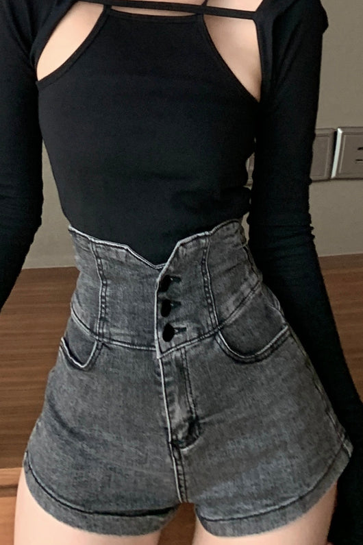 Short Denim Cintura Alta Estilo Coreano Gris Elegante - Image 7
