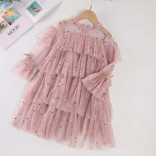 Vestido Princesa Otoño Niña con Lentejuelas y Tul Estrellas