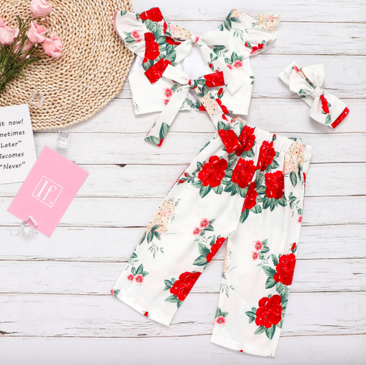 Conjunto de 3 Piezas para Bebé Niña con Blusa Floral, Pantalón y Diadema de Moño - Image 2