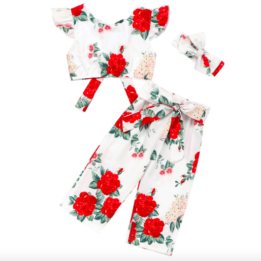 Conjunto de 3 Piezas para Bebé Niña con Blusa Floral, Pantalón y Diadema de Moño - Image 3