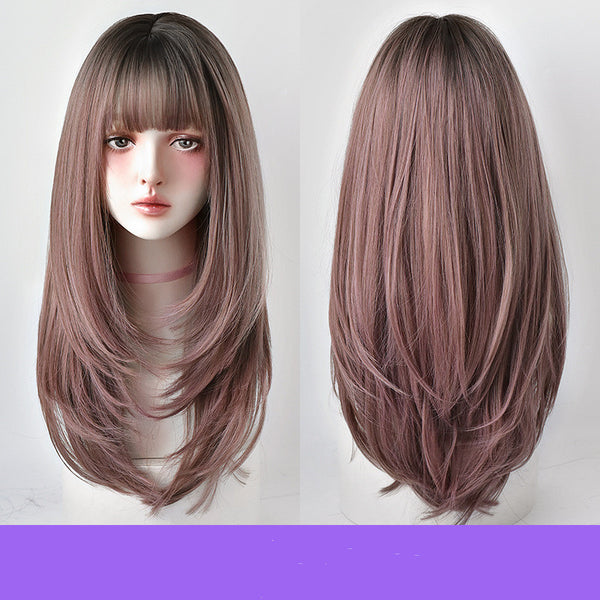 Peluca Larga Mujer Cabello Liso con Flequillo Aireado y Botón Interior