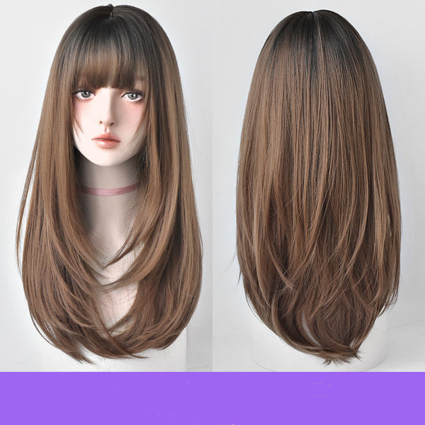 Peluca Larga Mujer Cabello Liso con Flequillo Aireado y Botón Interior