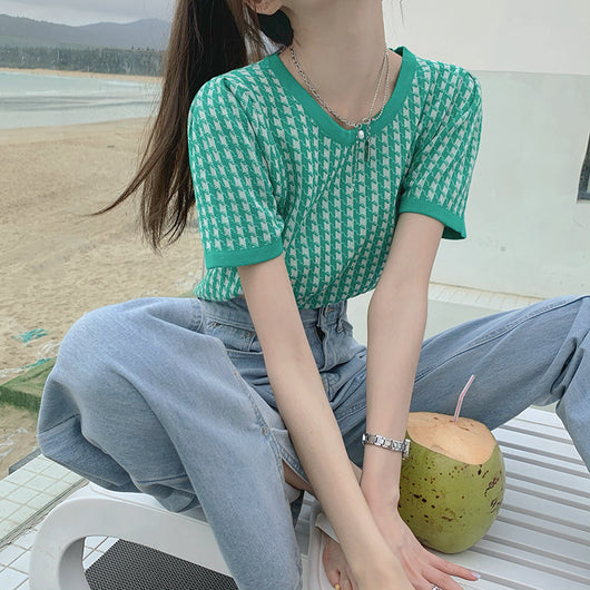 Blusa Tejida Retro Cuadros Pata de Gallo Manga Corta Cintura Alta - Image 3