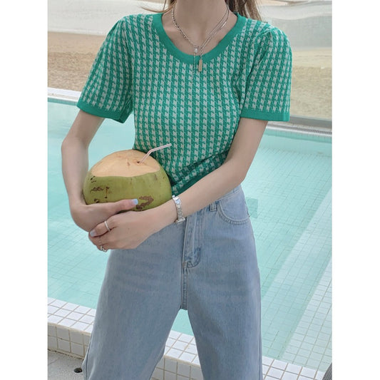 Blusa Tejida Retro Cuadros Pata de Gallo Manga Corta Cintura Alta - Image 2