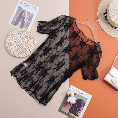 Blusa Transparente con Encaje para Mujer - Manga Corta Semitransparente - Image 13