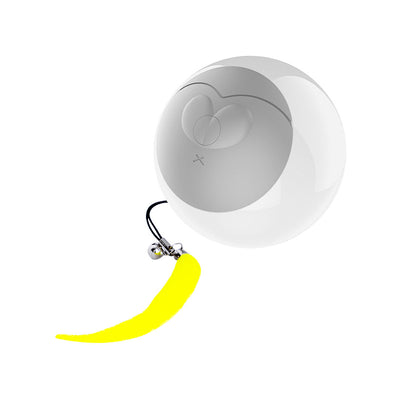 White LED luminous automatic cat rolling ball with a grey face design, yellow feather, and small bell. - Image 10