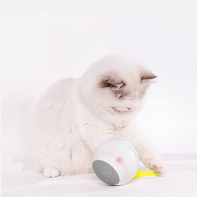 White LED luminous automatic cat rolling ball with a grey face design, yellow feather, and small bell. - Image 5