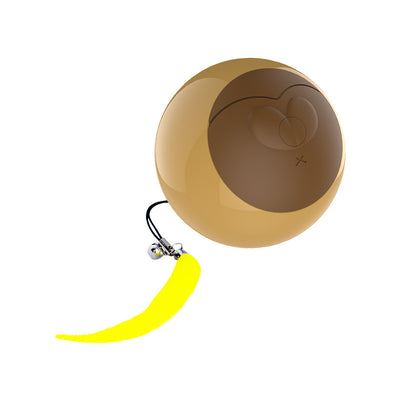 White LED luminous automatic cat rolling ball with a grey face design, yellow feather, and small bell. - Image 4