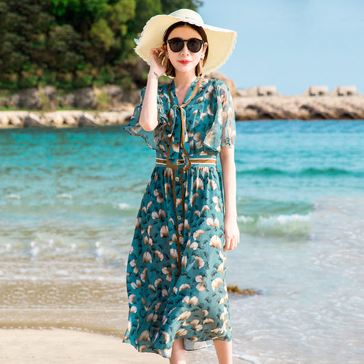 Vestido de Seda Estilo Francés con Flores y Cintura Ajustada - Image 9