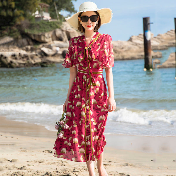 Vestido de Seda Estilo Francés con Flores y Cintura Ajustada