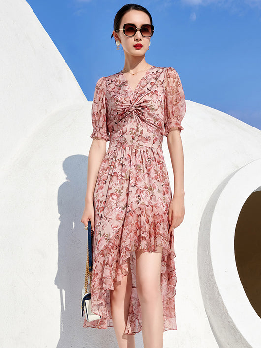 Falda de Seda Floral con Nudo en V y Corte Irregular - Image 14