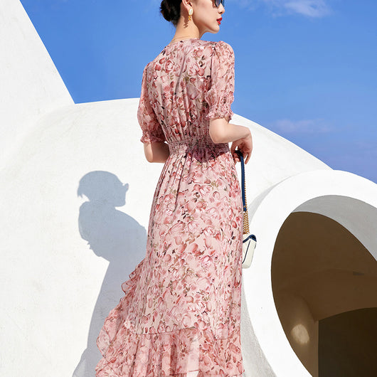Falda de Seda Floral con Nudo en V y Corte Irregular - Image 3