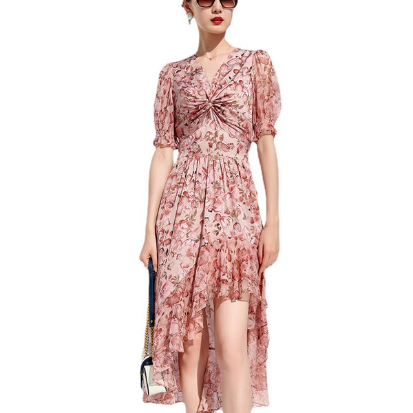 Falda de Seda Floral con Nudo en V y Corte Irregular
