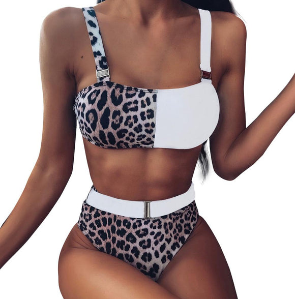 Bikini Cintura Alta Estampado Leopardo con Costura Europea