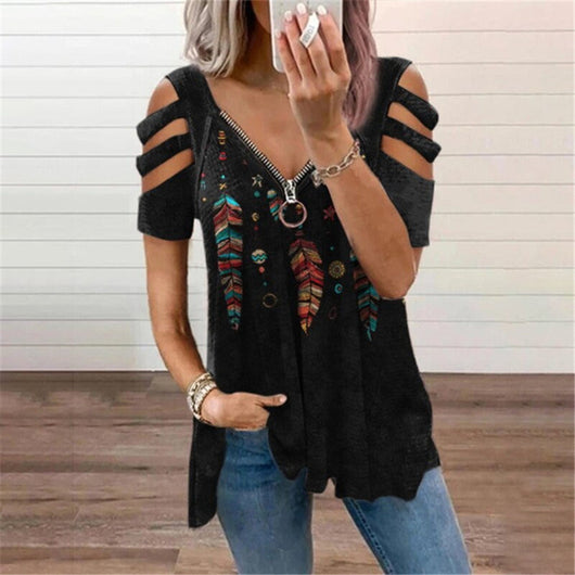 Playera Suelta con Cierre V y Estampado - Manga Corta - Image 14