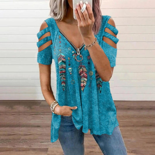 Playera Suelta con Cierre V y Estampado - Manga Corta - Image 16