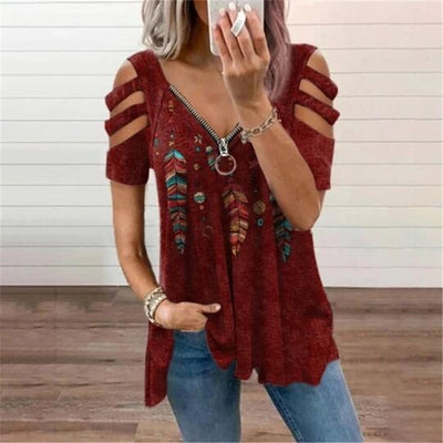 Playera Suelta con Cierre V y Estampado - Manga Corta - Image 22