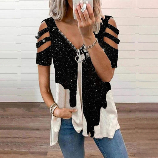Playera Suelta con Cierre V y Estampado - Manga Corta - Image 10