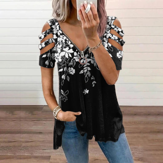 Playera Suelta con Cierre V y Estampado - Manga Corta - Image 12