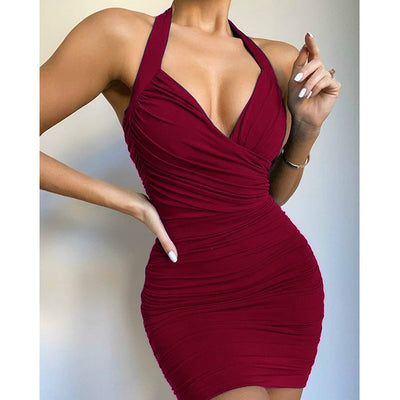 Vestido Escotado en V con Cuello Halter en Color Liso - Image 8