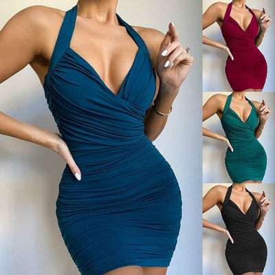 Vestido Escotado en V con Cuello Halter en Color Liso - Image 9