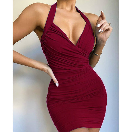 Vestido Escotado en V con Cuello Halter en Color Liso
