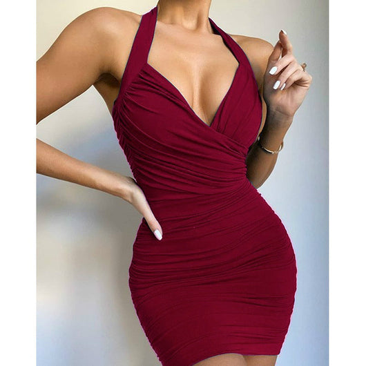 Vestido Escotado en V con Cuello Halter en Color Liso