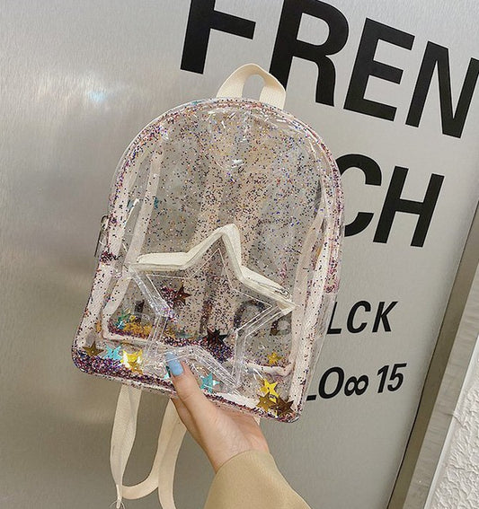 Mochila Infantil Transparente con Brillo de Estrellas - Bolsa de Viaje Escolar para Niñas