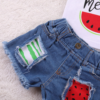 Conjunto Denim Infantil Estampado Sandía con Detalles Perforados - Image 9