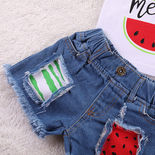 Conjunto Denim Infantil Estampado Sandía con Detalles Perforados - Image 9