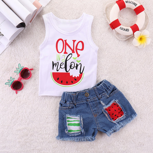 Conjunto Denim Infantil Estampado Sandía con Detalles Perforados - Image 5
