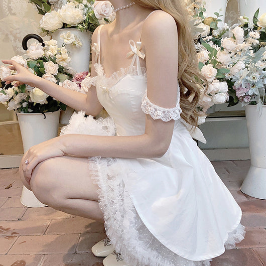 Vestido Bailarina Blanco con Falda Tutú, Cintura Ajustada y Encaje Suspensor - Image 3