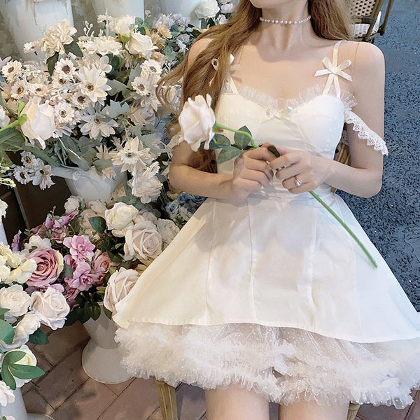 Vestido Bailarina Blanco con Falda Tutú, Cintura Ajustada y Encaje Suspensor - Image 5