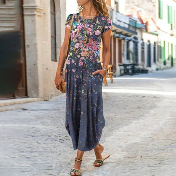 Vestido Corto Estampado con Bolsillo y Cuello Redondo