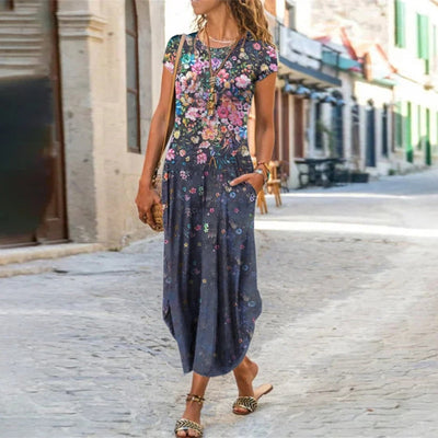 Vestido Corto Estampado con Bolsillo y Cuello Redondo