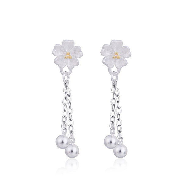 Aretes Largos de Flor de Cerezo con Borla Literaria Minimalista - Image 5