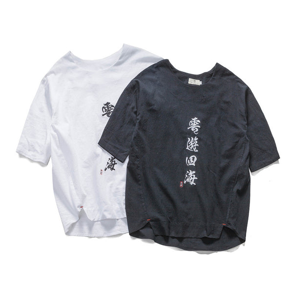 Camiseta de Algodón Bordada Cuello Redondo Manga Corta para Hombre